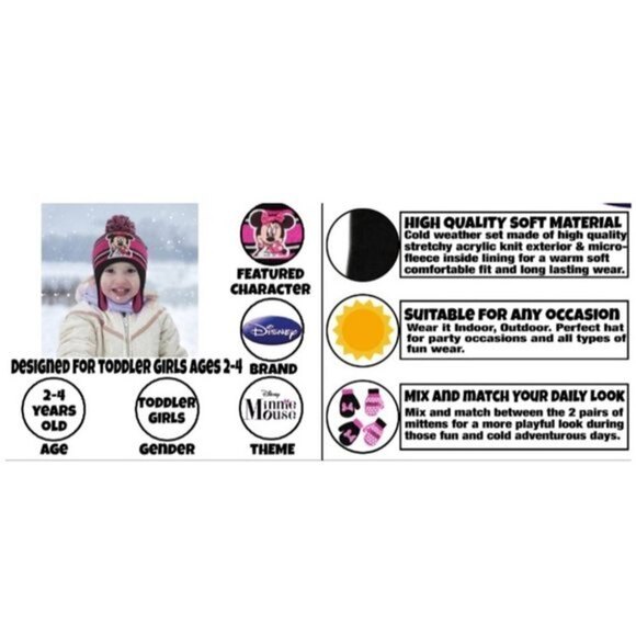 Disney Minnie Mouse Pom Pom Winter Beanie & Bow Mitten Toddler Girl Set - Picture 6 of 6